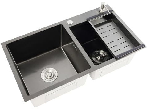 TCICOP Fregadero doble de acero inoxidable, 78 x 43 x 22 cm, fregadero de cocina móvil integrado con cesta de filtro, lavabo multifunción, capacidad de carga de 50 kg, color negro