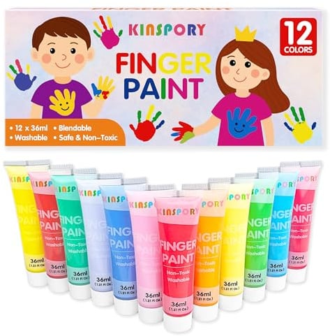 KINSPORY Kinder-Fingerfarben 12 x 36 ml – Waschbare Farben für Kleinkinder, Ungiftig, Babygerecht für Hände und Füße, Vorschulkunstbedarf Kreative Geschenke