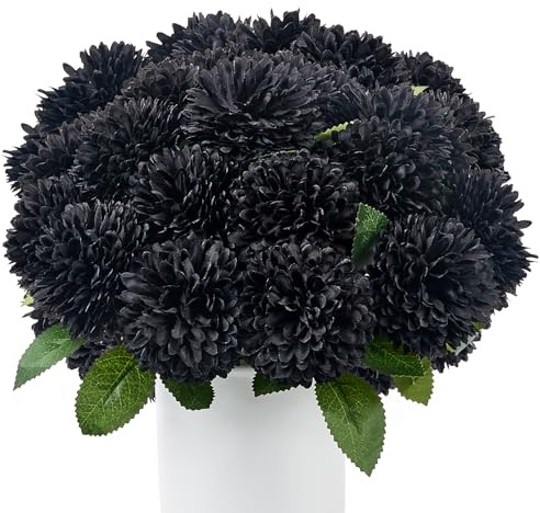 XIANNVXI 12 Stück Schwarz Kunstblumen wie Echt Chrysanthemen Künstliche Blumen Schwarze Fake Blumen Plastikblumen Deko Vasen für Blumenarrangements, Hochzeiten, Heimdekorationen