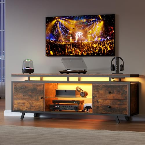 Gyfimoie TV Stand for 65 Inch TV, LED Light Entertainment Center with Power Outlet and Storage Drawers & Cabinets, Modern Wood Media TV Console with Glass Shelves for Living Room Bedroom (Brown)