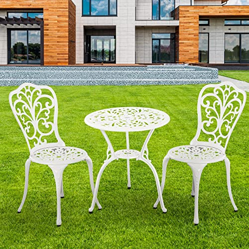 Withniture Outdoor Bistro Set 3-teiliges Gartenbistro-Set, Gusseisen-Bistrotisch mit 2 Stühlen, Kleiner Terrassentisch für Balkon, Schwarz (Weiß)