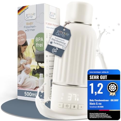 mavie&me Baby Flaschenwärmer 500ml mit Akku – matt weiß | BPA-frei mit Sterilisation, Schnellaufheizen in 3 Min – mobiler Muttermilch-Erwärmer & Wasserwärmer, matt weiß