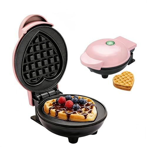 Mini Waffeleisen Herz – Kleines Waffeleisen Mini, 3 Minuten Fertigstellung, Herzförmiges Motiv, Kinder Waffeleisen Baby & Snacks (Rosa)