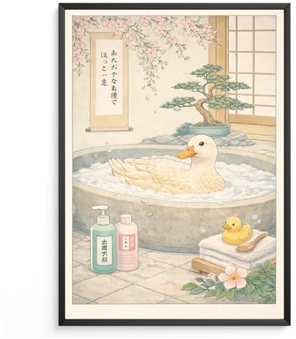 Japanisches Badezimmer Ente Poster Wohnzimmer – Zen Spa Wanddeko im Vintage Stil, Aesthetic Japandi Wandbild, Ruhiges Deko Bild für Bad & Schlafzimmer