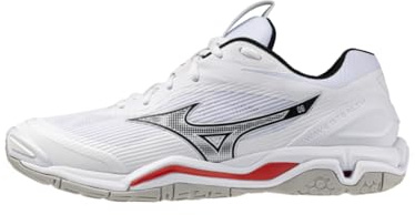 Mizuno Wave Stealth 6 Handballschuhe für Herren, weiß mit schwarzen und roten Details, Obermaterial aus Kunstleder und Mesh, Weiß und Rot., 44 EU