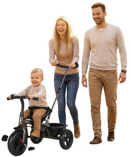 Kinderdreirad 2in1 mit Schiebestange Bronze | Dreirad ab 1-5 Jahre mit Sicherheitsgurt, Korb, klappbarer Fußablage Clamaro