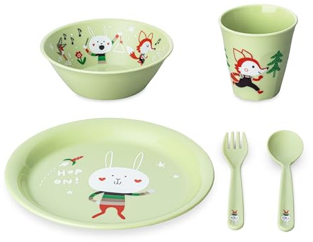 Koziol HOP ON AT HOME Kindergeschirrset 5-teilig | Teller + Schale + Becher + Besteckset | für Kinder ab 6 Monaten | biozirkulärer Kunststoff, bruchfest, spülmaschinengeeignet (pistachio)