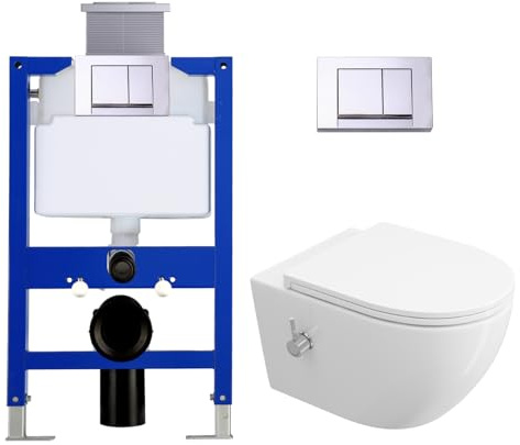 HOROW Set completo per WC a parete con sciacquone a incasso, WC Taharet con ugello integrato, in materiale HDPE con piastra cromata lucida, acqua fredda/calda