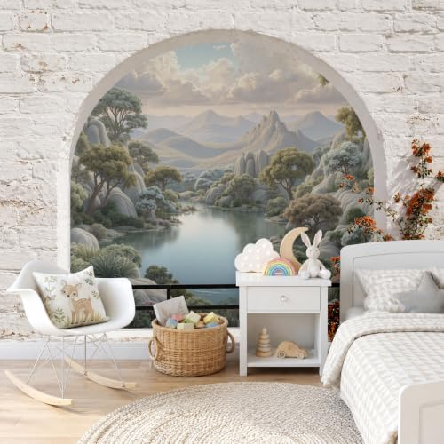 Wabi-sabi aged landscape Mural Wallpaper, light gray-blue Background Rocky Lake Wall Mural,Vintage Warehouse Brick Wallpaper for Living Room,Bedroom,Dinning Room 145H x 100W (Not Peel and Stick)