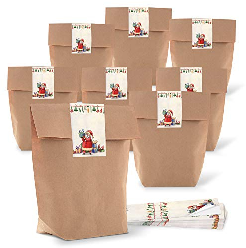 Logbuch-Verlag 5 Papiertüten braun zum Befüllen + Weihnachtsaufkleber Nikolaus Geschenkverpackung Nikolaustüte für Kinder 16,5 x 26 x 6,6 cm