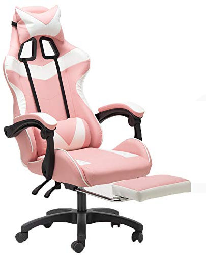 Chaise Gaming en Cuir Chaise de Bureau Pivotante Fauteuil Ergonomique avec Appui-tête et Oreiller Lombaire,Dossier 135°Inclinable - Charge Max 150kg (Rose et Blanc)