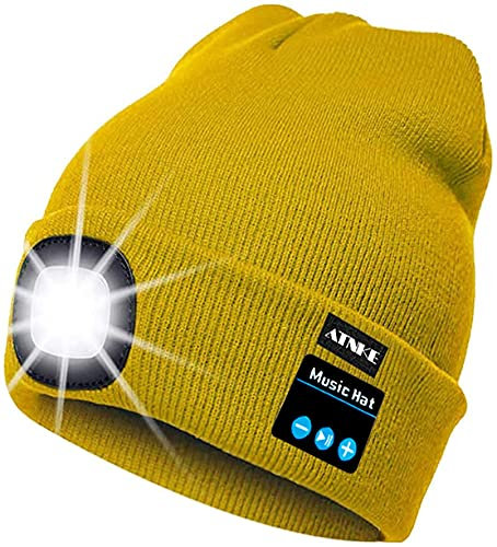 ATNKE LED beleuchtete Bluetooth-Beanie-Kappe, wiederaufladbare USB-Musikalische Laufmütze mit extrem hellem 4-LED-Licht wasserdichte Lampe für das Skifahren Wandern Camping Radfahren (Gelb)