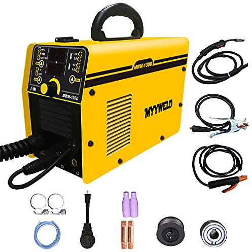 MYYWELD Mig Welder 130D, 110/220V Dual Voltage Gas/Gasless Multiproceso, Soldador de alambre sólido/Flux MIG/Stick ARC/Lift TIG 4 en 1, máquina de soldadura inversora IGBT
