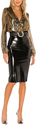 Hohe Taille Latex Lack Leder PVC Midi Rock Frauen Elegant Schlitz Büro Dame Bleistiftrock Knielang Rock