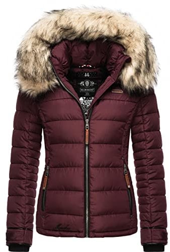MARIKOO Damen Winterjacke Steppjacke mit abnehmbarem Kunstfell Lerikaa Wine Gr. L