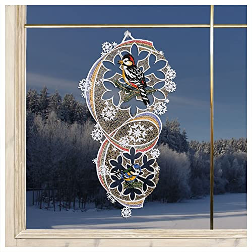 DSD Design-Studio Drechsler Winter-Fensterbild Vögel mit Schneeflöckchen Plauener Spitze Fensterdeko 36 x 19cm