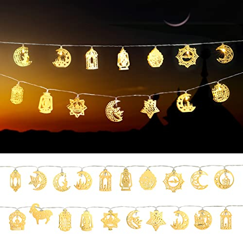 LIHAO Eid al Adha Ramadan 2 PCS Lichterketten Stern Mond Eid Mubarak 20 LEDs Licht Laternen Dekoration für Ramadan Party Hochzeit Geburtstag (Warmweiß)