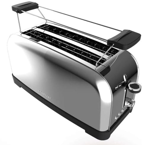 Cecotec Tostador Vertical Toastin' Time 1500 Inox, 1500W, Doble ranura larga y ranura ancha 3,8cm, Varillas Superiores, Acero Inoxidable, Apagado y Pop-up Automático, Recogemigas