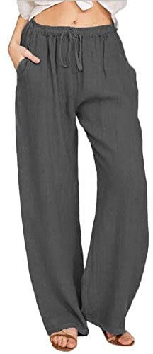Yutdeng Pantaloni da Donna Estivi Casual Pantaloni Larghi in Cotone e Lino con Coulisse in Vita Pantaloni con Tasche Spiaggia Elegante Morbido Pigiama Pantalone Elastico Pants,Grigio Scuro,M