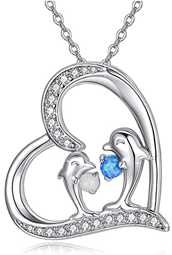 KnSam 18 Karat Weiß Gold 750 Halskette mit Anhänger Herz Delfine mit Diamant Topaz Opel, Weißgold 18 Karat 750 Muttertag Kette Rolokette für Damen Frauen, Silber, 50CM