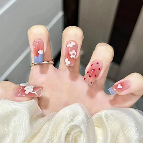24 PCS Faux ongle de longueur moyenne Faux ongle roses et blancs Faux ongle nuage et fleurs Faux ongle amour Faux ongle points rouges Faux ongle à offrir aux femme et aux fille Cadeaux de fin d'année