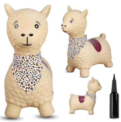sun baby Hüpftiere ab 1 Jahr mit Pumpe aufblasbares Hüpfspielzeug aus Hochwertigem und Strapazierfähigem Gummi, Verschiedene Designs (Beige Lama)