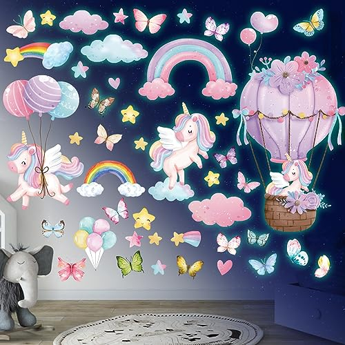 Sinekong Einhorn Regenbogen Wandtattoo Leuchtsterne Einhorn Leuchtender Wandaufkleber Schmetterlinge Leuchtsticker Wandsticker für Mädchen Schlafzimmer Babyzimmer Kinderzimmer Wanddeko Grün