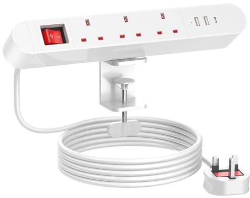 Desk Power Strip with USB C PD20W, Desktop Power Socket Extension 3 Way Outlets, Desk Clamp Power Strip with Switch, 2M Extension Lead, 3250W/13A, White