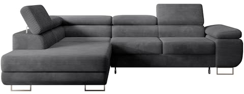 Selsey STEVIL - Ecksofa L-Sofa mit Schlaffunktion, Bettkasten, Ottomane links, Cordbezug Dunkelgrau