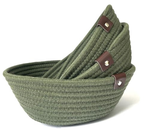 Cestas de Almacenaje Multiusos de Algodón - Juego de 3 Cestas Organizadoras para Cocina, Salón, Baño – Vacía Bolsillos Cestos Organizadores para Juguetes, Llaves, Mandos – Set de 3 Cestas (Verde)