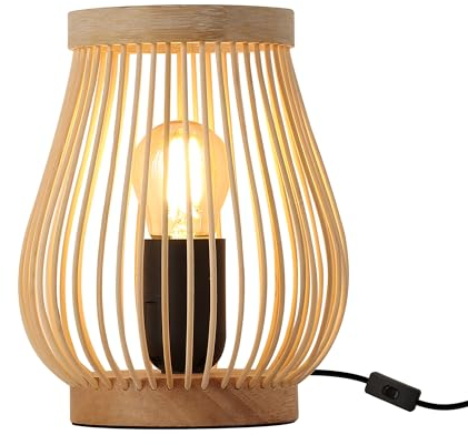 SUNLLOK Lampe de table bohème avec socle en bois, petite lampe de chevet rétro en rotin pour chambre à coucher, abat-jour industriel en bambou, lampe de lecture, décoration pour salon, chambre