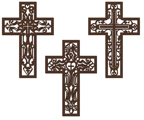 Bnesi 3 Stück Holzkreuz Wand Wohnkultur Braunes Kreuz Geschnitzte Muster Kreuze Religiöse Kreuzdekorationen Handgemachte antike Wandkreuze für Wohnzimmer Kirche Hochzeit Büro Krankenhaus (Braun)