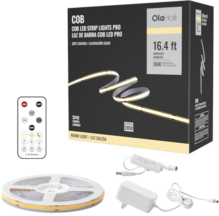Olaholii - 3000K COB LED Lichtleiste mit Fernbedienung, 5.0 m Dimmbar Warmweiß COB LED Licht Weißes Licht für Spiegel, Treppenhaus, Schrank, Zimmer