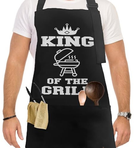 OMCGG Funny BBQ Cooking Apron for Men, King of the Grill Funny Patterns Letters Design Couple Aprons Kitchen Apron with Pockets Valentine’s Day Christmas Birthday Gifts for Men Husband Dad Grandpa