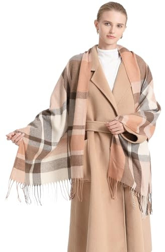 Miss Lulu Damen Schal Winter, weich warm kariert Oversized, Schottenkaro Wolle, lange gedrehte Fransen Stola, Deckenschal für Damen (Aprikose)