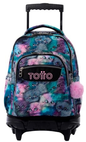 TOTTO - Mochila Escolar con Ruedas, Modelo Renglones, Capacidad 26,21 Litros, Bolsillo para PC 14, Bolsillo para Botella, Correas en S para Mayor Comodidad, Resistente, Estampado Kitten Gris