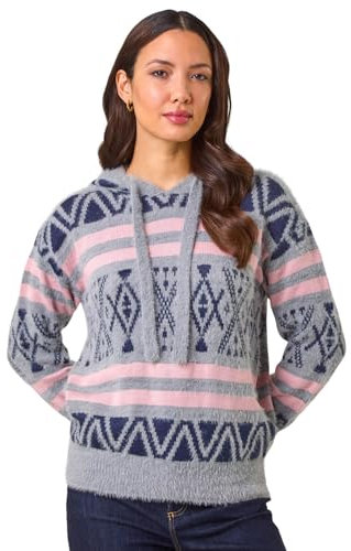 Roman Originals Women Jumper with Hood Ladies Winter Knitted Hoodie with Pockets Fairisle Nordic Aztec Print Hooded Sweater Knit Knitwear Autumn Flattering Casual Smart - Grey Pink Navy - Size 10