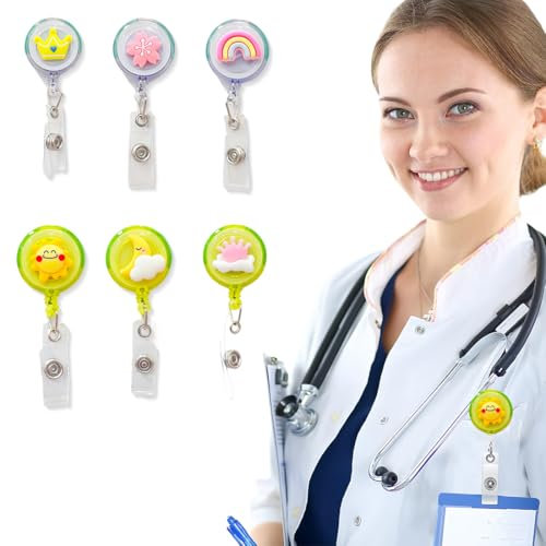 PYEUIFT 6 Pezzi Porta Badge Retrattile Con Graziosi Motivi, Clip ID in Feltro per Infermieri, Volontari e Insegnanti