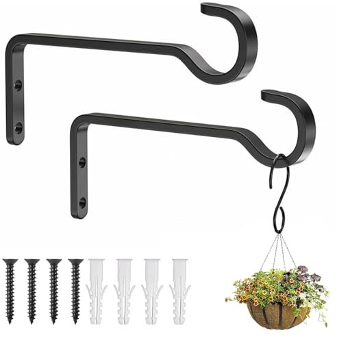 Apstaqeoo 2Pcs Hanging Basket Bracket, Heavy Duty Outdoor Plant Hangers Wrought Iron Plant Hanger with Screws,Black Metal Garden Hooks Wall Bracket for Lantern Planter Hanger Fence Bird Feeder(152MM)