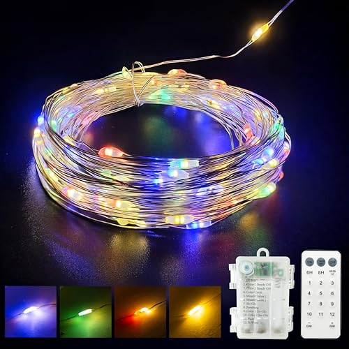 GHJ Battery Operated Remote Control Silver Wire Fairy Lights，Color Changing LED String Lights for Christmas Tree Xmas Garden Party (Warm/Multi, 50LEDs)