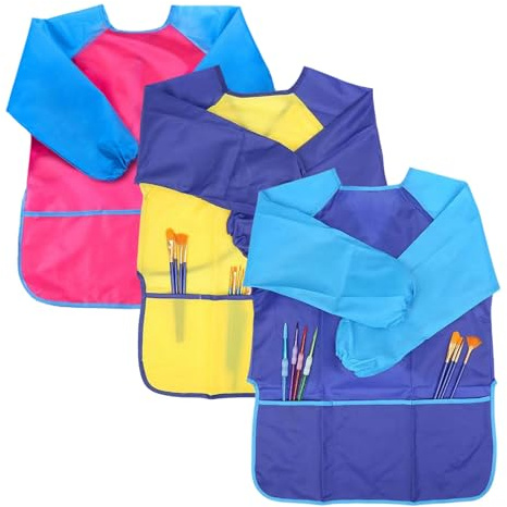 MIVAIUN 3 Piezas Bata Pintura Niños, Delantal Infantil Pintura Impermeable con 3 Bolsillos Delantal de Pintura Niños para Artes Manualidades Pintura 3-8 Años