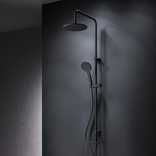 AM.PM Hit Duschsystem Schwarz Matt – Duschset mit Regendusche Ø 220 mm, EnerJet Handbrause, 1020 mm Duschstange, Brauseschlauch 1750 mm, Wandmontage, Anti-Kalk-Funktion