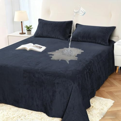 DUJUIKE wasserdichte Bettdecke, Samt Wasserdichter Lakenbezug, 100% Wasserdichter und Atmungsaktiver Kindermatratzenschoner, Leiser Matratzenbezug, Super Weich und Bequem (Navy Blau, 200 x 230cm)