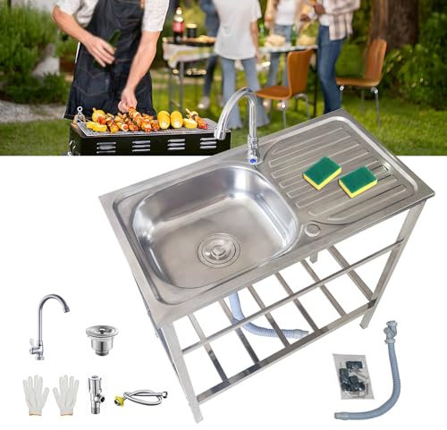 Fregadero Exterior Jardin Fregadero De Acero Inoxidable Comercial Cocina Robusto/Estable Lavabo Portatil con Grifo Y Banco De Trabajo Fácil De Montar Para Garaje/Sótano/Restaurante 75x40xH75cm