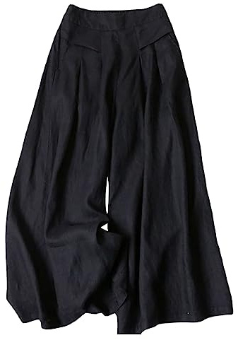 Pantalon à jambes larges en lin pour femme - Pantalon culotte taille haute décontracté, fluide, court - Pantalon palazzo bohème de plage et de yoga - Pantalon ample et léger pour détente, Noir , L