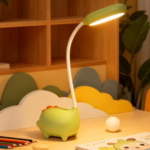 Mineup Schreibtischlampe Kinder, Dimmbare Nachttischlampe, Dinosaurier USB Ladetischlampe, Energiespar Augenschutz, 3 Farbe, Wiederaufladbare Schreibtischlampe, Geschenk für Junge,Mädchen, Grün