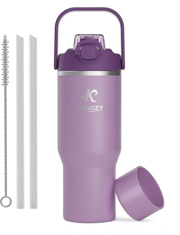 KANGZY Metal Water Bottle with Straw 1L/32oz – Vacuum Insulated Stainless Steel Flask, 2-in-1 Straw & Spout Lid, BPA-Free Leak-Proof Tumbler, Keeps Drinks Hot 8H+ / Cold 24H for Work, Travel Purple