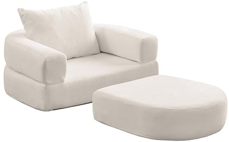 Bladez Modern Modular Accent Sofa Chair with Ottoman – Soft Chenille Upholstery, Deep Seat & Curved Design, Comfy Lounge Chair Set for Living Room, Bedroom & Studio, No Assembly Required (Beige)