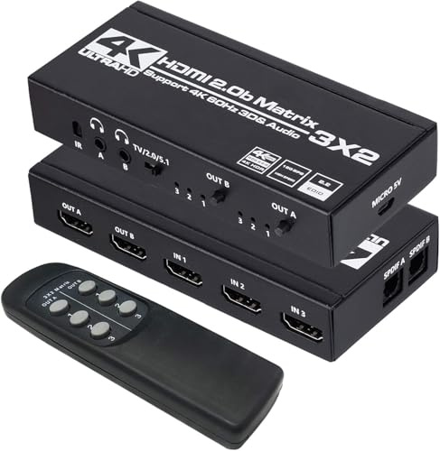 HDMI-Matrix 3x2 4K 60Hz Matrix-Switch 3 in 2 Out Switcher-Splitter-Box mit EDID-Extraktor und IR-Fernbedienung, unterstützt Ultra 4K HDR, 3D/1080P, HDMI 2.0b, HDCP 2.2