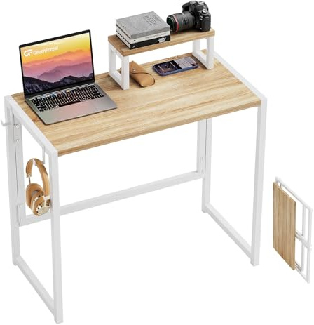 GreenForest Folding Desk with Monitor Shelf, 80cm Small Foldable Desk for Home Office, Computer Desk for Small Spaces, Oak